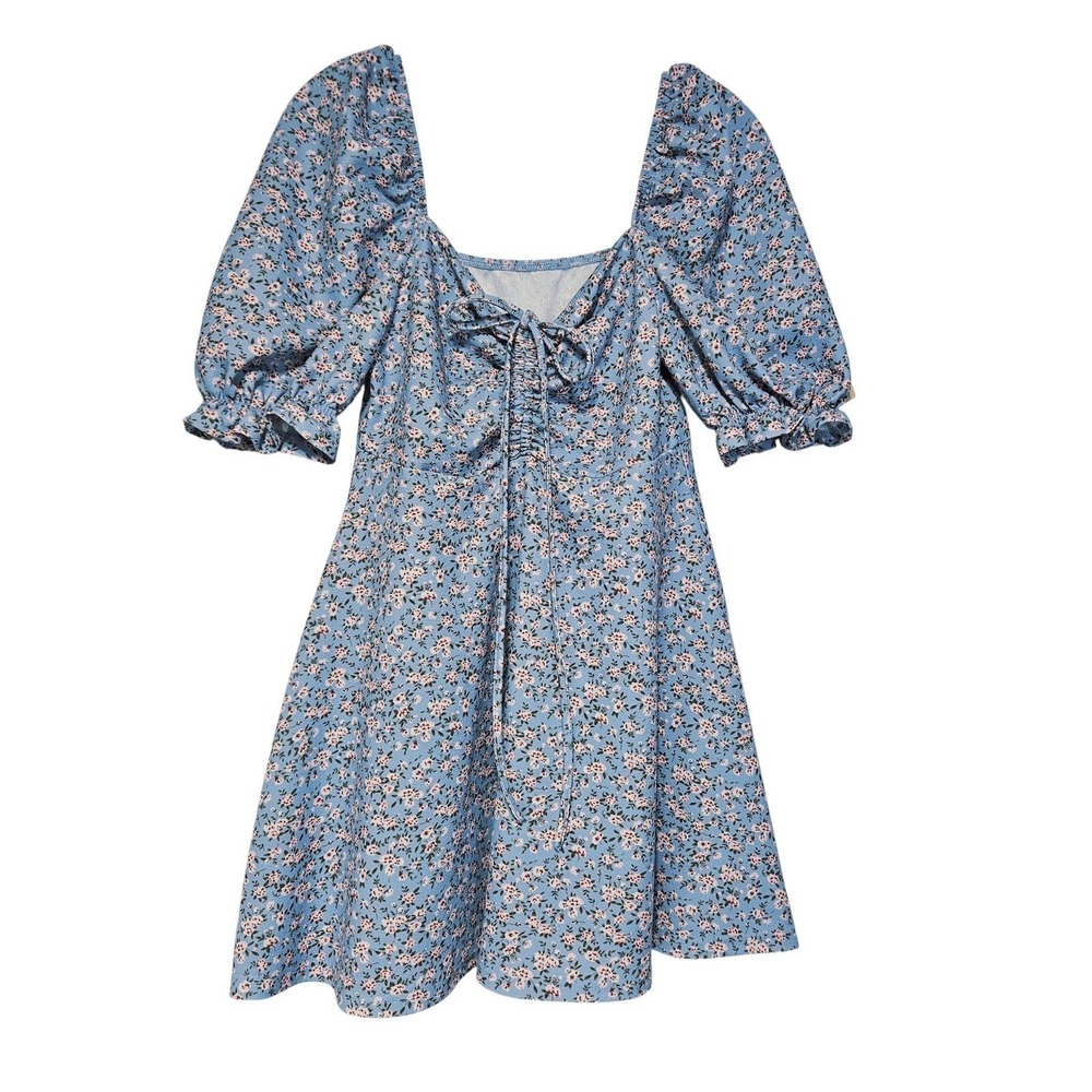 Blue‎ Floral Cottagecore Milkmaid Mini Dress Medium Boho Peasant Puff Sleeve